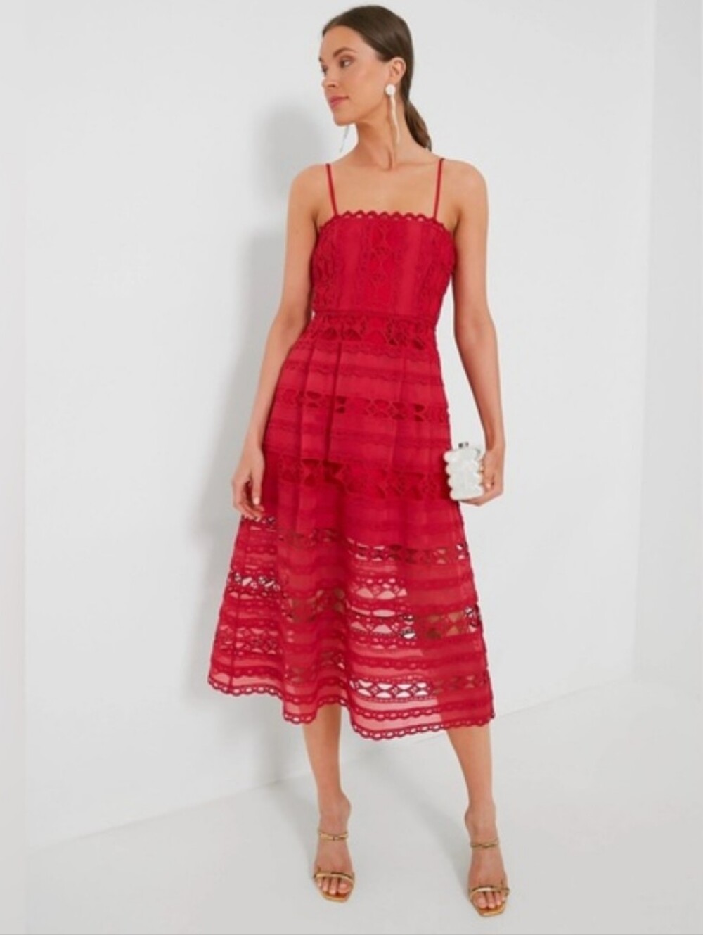 Hyacinth House Red Lace Marlee Midi Dress Cocktail Party Wedding Guest Size L